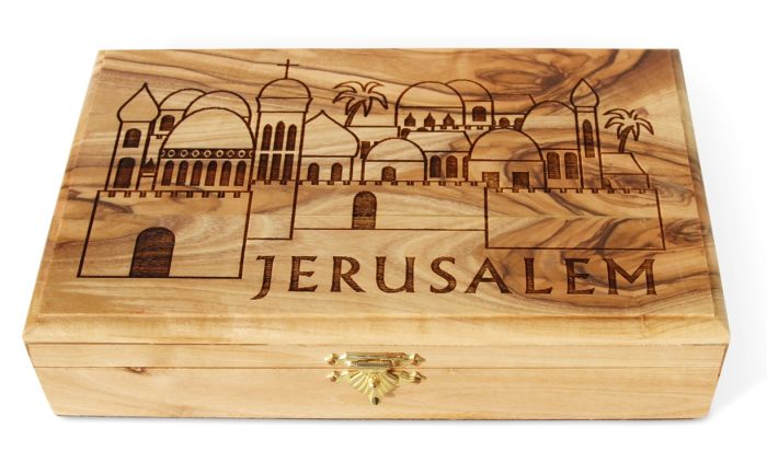 Large Olive Wood Box - Jerusalem - Walls and Gates - Made in Bethlehem