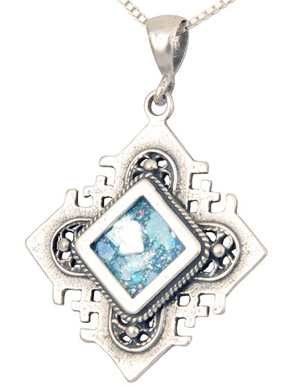 'Jerusalem Cross' Squared Pendant - Roman Glass and Sterling Silver - Made in the Holy Land