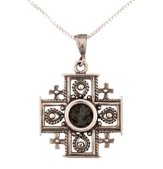 Genuine Widow's Mite Coin of Mark 12:41 in Sterling Silver jerusalem Cross Pendant
