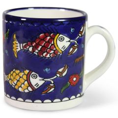 Armenian ceramic cups with artistic 'fishes' design, hand painted Blue