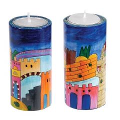 Yair Emanuel Hand-Painted Shabbat Candle Holders - Jerusalem