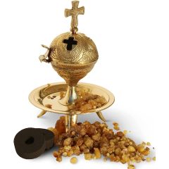 Christian Incense Burner - Gold Brass Cross and 2 Charcoals
