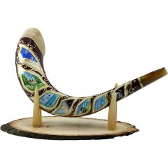 Ram's Decorated Shofar By Artist Sarit Romano - Six Days of Creation and The Sabbath Rest