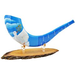 Ram's Decorated Shofar By Artist Sarit Romano - Dove of Peace and Olive Branch