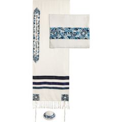 Yair Emanuel 'Star of David' Patterned Embroidered Silk on Cotton Prayer Shawl / Tallit - Blues