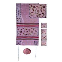 Yair Emanuel 'Matriarchs' and Pomegranates Embroidered Raw Silk Prayer Shawl / Tallit - Pink
