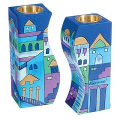 Yair Emanuel - Hand-Painted Pair of Candle Holders - Jerusalem Blue