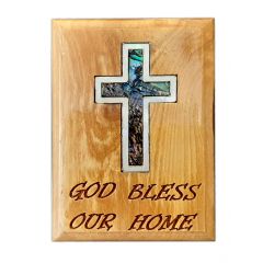 Fridge Magnet - Olive Wood with Mother of Pearl 'Cross' Inlay - 'god bless our home' Engraving - Made in Bethlehem