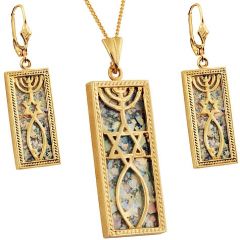 14 Carat Gold Roman Glass 'Grafted In' Messianic Pendant & Earrings