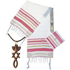 'Grafted In' Messianic Prayer Shawl Talit with Olive Wood Messianic Necklace - Pink