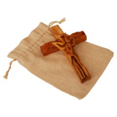 Olive Wood Wall Cross from Jerusalem with Holy Spirit Dove on Sackcloth Gift Bag 
