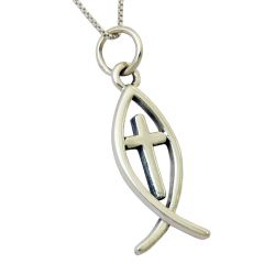 Fish with Cross Ichthus Sterling Silver 925 Pendant