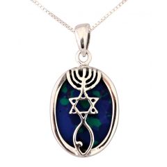'Grafted In' 925 Sterling Silver Messianic Symbol mounted on King Solomon Stone (The Eilat Stone) Oval Pendant 