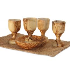 The Lord's Supper - Olive Wood Bread Tray with 4 Tall Olive Wood Cups - Certificate Bag