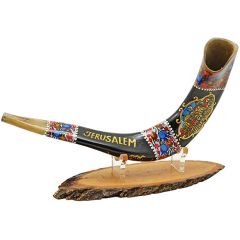 Ram's Decorated Shofar By Artist Sarit Romano - Old City of Jerusalem and the word 'Jerusalem' - Earth