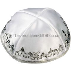 White with Silver trim Jerusalem Panorama Kippah