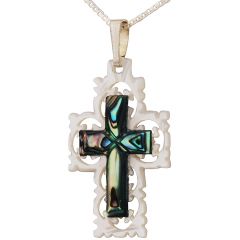 Mother of Pearl Cut-Out Design with Abalone Shell inlay Cross Pendant - Made in Jerusalem