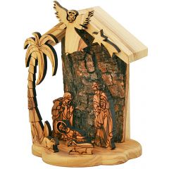 Olive Wood Nativity Scene Ornament from Bethlehem - Natural Bark Wall - 5 Inch - Boxed 