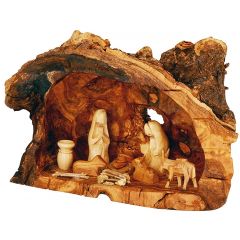 Olive Wood Tree Trunk Nativity Scene | Fixed Pieces Set Hand Carved in Bethlehem | Faceless 10 inch