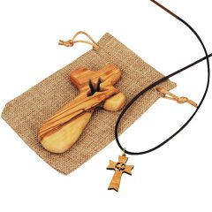 Olive Wood Comfort Cross from Bethlehem with 'Holy Spirit Dove' Cutout in Sackcloth Bag + Matching Olive Wood Pendant
