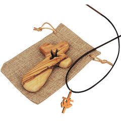 Olive Wood Comfort Cross from Bethlehem with 'Holy Spirit Dove' Cutout in Sackcloth Bag + Matching Olive Wood Pendant