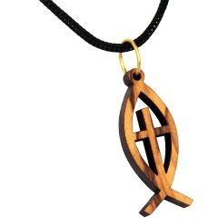 Olive Wood Cut-Out ΙΧΘΥΣ - Ichthys / Ichthus Fish with Cross Pendant with Necklace