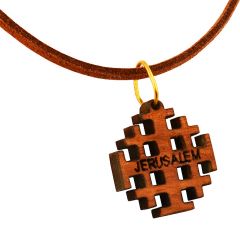 Olive Wood 'Jerusalem Cross' on Leather Necklace