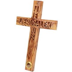 Olive Wood Cross with 'Jesus Jerusalem' cutout and Holy Land Earth in vial at foot of the Cross