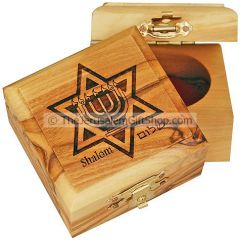 Small Olive Wood Star of David with Menorah Box