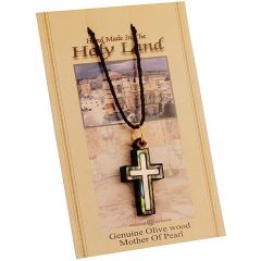 Olive Wood with Mother of Pearl and Abalone Two-Tone 'Cross' inlay Necklace - Made in the Holy Land