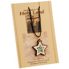 Olive Wood with Mother of Pearl and Abalone Two-Tone 'Star of Bethlehem' inlay Necklace - Made in the Holy Land