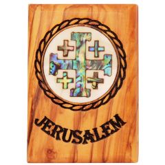 Fridge Magnet - Olive Wood with Mother of Pearl 'Jerusalem Cross' Inlay - Made in Bethlehem