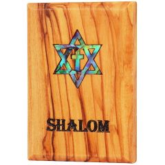 Fridge Magnet - Olive Wood with Mother of Pearl 'Shalom' Messianic Star of David with Cross Inlay - Made in Bethlehem 