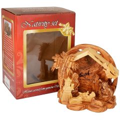 Olive Wood Nativity Scene Ornament from Bethlehem | Church of The Nativity Manger Square Engraving - 4.3 Inch - Boxed