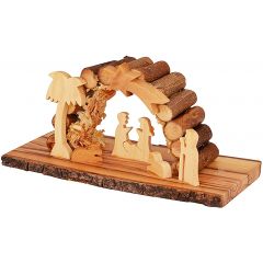 Olive Wood Nativity Stable Scene Ornament from the Holy Land l Padded Olive Wood Log Roof