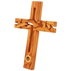  Jesus wooden cross in Olive Wood with Earth from Jerusalem in Glass Window - Made in the Holy Land