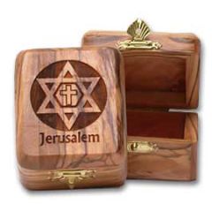 Olive Wood Jewelry Box with 'Star of David with Cross' inlay and 'Jerusalem' Engraving 