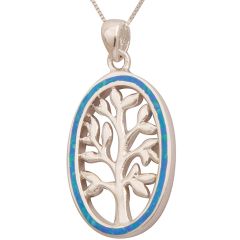 'Tree of Life' Pendant with Dark Opal Oval Frame - Sterling Silver - Tall