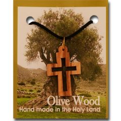 Olive Wood Cut-Out Double Cross Pendant with Necklace