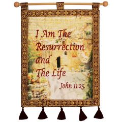 I AM THE RESURRECTION AND THE LIFE (John 11:25) Garden Tomb Jerusalem Wall Hanging - Burgundy