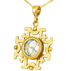 'Jerusalem Cross' Cut-Out Pendant - Roman Glass and 14k Gold - Made in the Holy Land