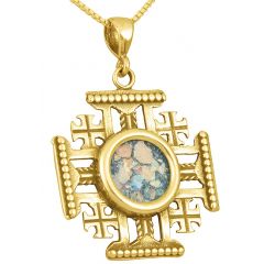 'Jerusalem Cross' in 14k Gold with Genuine Roman Glass Center Pendant