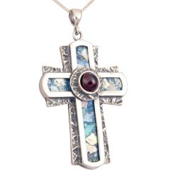 Roman Glass 'Rugged Cross' with Red Crystal Pendant - 925 Sterling Silver - Made in the Holy Land