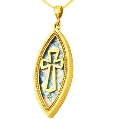 Roman Glass 'Cross' Ellipse Pendant - 14k Gold - Made in the Holy Land