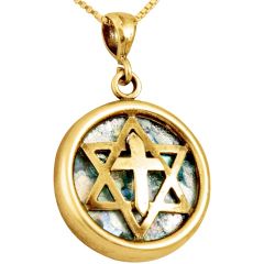 Roman Glass 'Star of David with Cross' Messianic Pendant - 14kt Gold - Made in the Holy Land