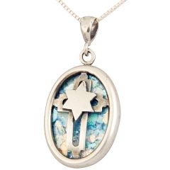Roman Glass Oval 'Star of David with Cross' Messianic Pendant - Sterling Silver - Made in the Holy Land 