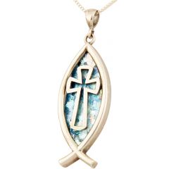 Roman Glass 'Cross inside a Fish' Pendant - Sterling Silver - Made in the Holy Land
