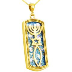 Roman Glass 'Grafted In' Messianic Pendant - 14k Gold - Oblong - Made in Israel