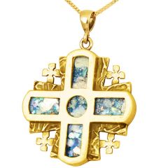 Roman Glass 'Jerusalem Cross' 5 Fold - Rugged Cross Pendant - 14k Gold - Made in the Holy Land 