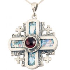 Roman Glass 'Jerusalem Cross' 5 Fold - Rugged Cross Pendant - Sterling Silver - Red Crystal